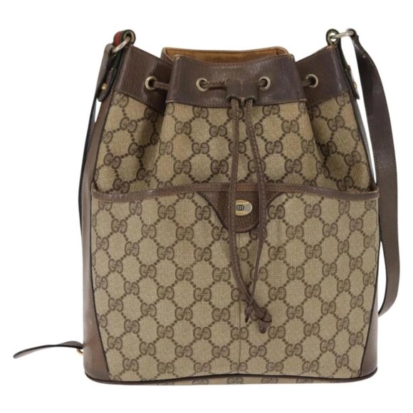 GUCCI GG Canvas Web Sherry Line Shoulder Bag PVC Leather Beige Green - Picture 2 of 15